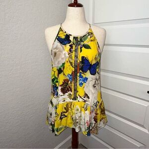 Roberto Cavalli Yellow Printed Silk Lace Detail Halter Floral Mix Print Top